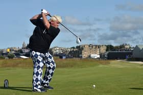 John Daly of the United States drives during the Champion Golfers' Challenge ahead of the 144th Open Championship at The Old Course on July 15, 2015 in St Andrews, Scotland