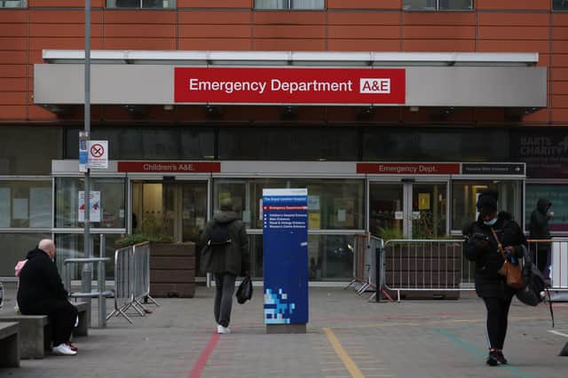 LONDON, ENGLAND - DECEMBER 19: A general view of the emergency department at The Royal London Hospital in Whitechapel on December 19, 2021 in London, England. Covid-19 hospitalisations are rising in the UK amid the latest wave of Covid-19 infections, fueled by the more contagious Omicron variant, but the numbers remain far below peak. Still, the exploding infection rate threatens to overwhelm the NHS, and may cause staff shortages as NHS workers are forced to quarantine. (Photo by Hollie Adams/Getty Images)