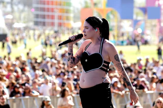 Bishop Briggs performs onstage at the Outdoor Theatre during the 2022 Coachella Valley Music And Arts Festival on April 15, 2022 in California during the third trimester of her pregnancy. (Photo by Frazer Harrison/Getty Images for Coachella)