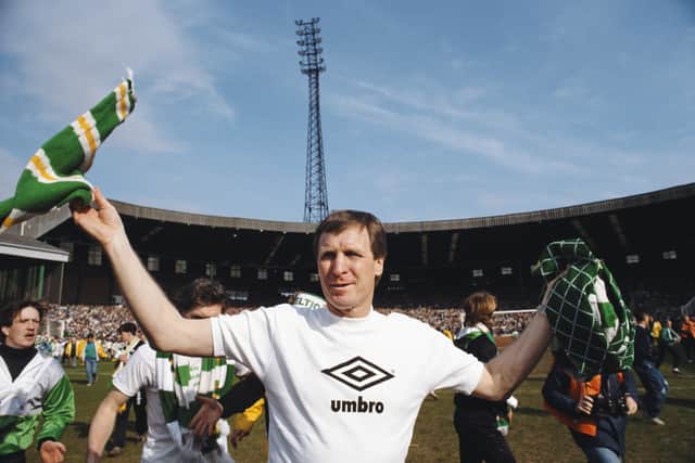 Celtic manager Billy McNeill celebrates after beating Dundee 3-0 to win the 1987/88 Scottish League title at Parkhead 