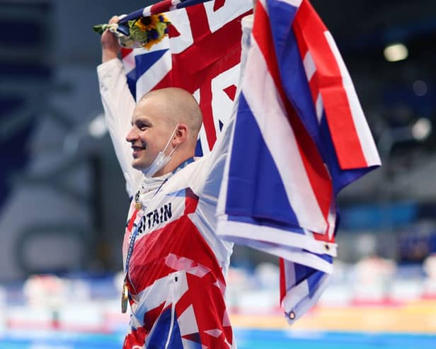 Adam Peaty of Team Great Britain celebrates after winning the gold medal in the Men's 100m Breaststroke Final on day three of the Tokyo 2020 Olympic Games (Photo: Maddie Meyer/Getty Images)