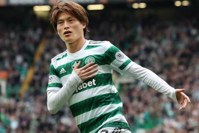 Kyogo Furuhashi of Celtic celebrates his goal against St Mirren