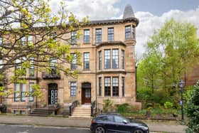 The front of the blonde sandstone property looking out onto Kingsborough Gardens in Hyndland