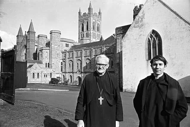 Father Leo Smith, left, the Abbott of Buckfast Abbey who brew Buckfast in Devon, 1976.  (Photo by Vic Fowler/Keystone/Getty Images)