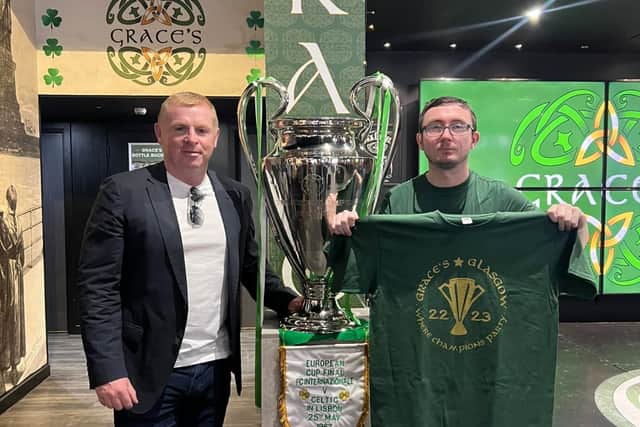 Lennon helped to promote the bar’s specially designed limited edition T-shirts which will be available to purchase on Saturday (Image: Grace’s Irish Sports Bar - Facebook)