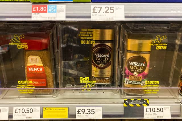 Coffee in GPS tracked security boxes at the Central Co-op Food-Petrol Harborne in Birmingham as a theft prevention initiative.