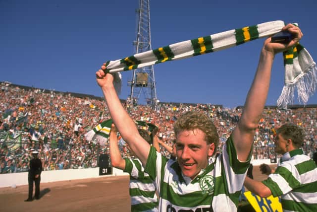 Frank McAvennie of Celtic celebrates after the 1988 Scottish Cup Final win over Dundee United