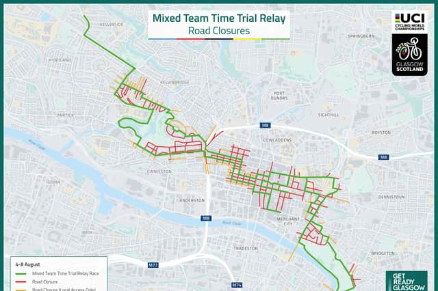 The road closures which will affect Glasgow city centre during the UCI Cycling World Championships Mixed Team Time Trial.