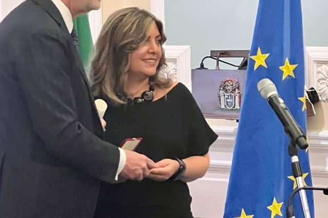Giovanna Eusebi receiving the title of Cavaliere from Italian Ambassador to the UK, 