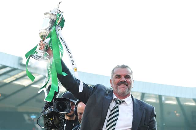 Ange Postecoglou lifts the Scottish Cup after winning with Celtic