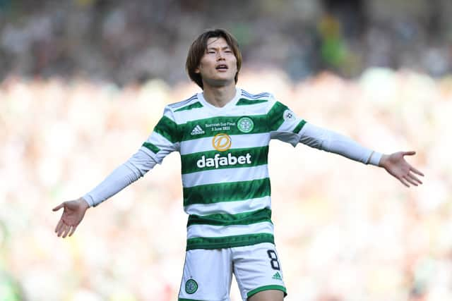 Kyogo Furuhashi of Celtic celebrates after scoring the team's first goal during the Scottish Cup Final  (Photo by Mark Runnacles/Getty Images)