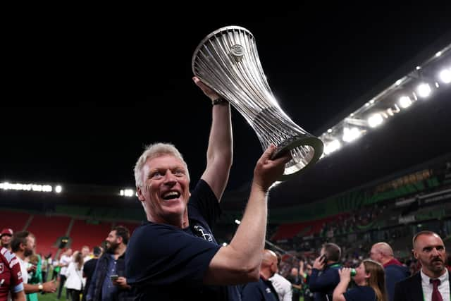 David Moyes celebrates his Europa Conference League triumph. (Getty Images)