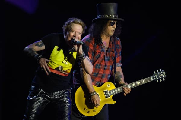 Axl Rose (L) and Slash of Guns ‘n’ Roses who will perform live in Glasgow at Bellahouston Park.  