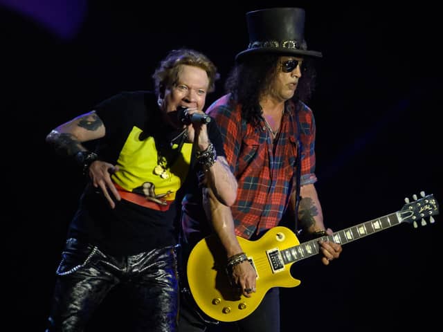 Axl Rose (L) and Slash of Guns ‘n’ Roses who will perform live in Glasgow at Bellahouston Park.  