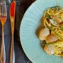 Clam and samphire linguine: Hand-dived clams, Scottish samphire, fresh egg pasta, white wine sauce. Served in Glasgow’s grandest dining room. 