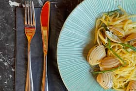 Clam and samphire linguine: Hand-dived clams, Scottish samphire, fresh egg pasta, white wine sauce. Served in Glasgow’s grandest dining room. 