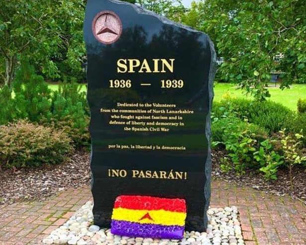 The memorial stone for the Lanarkshire fighters that died in the Spanish Civil War lies in the Duchess of Hamilton Park in Motherwell