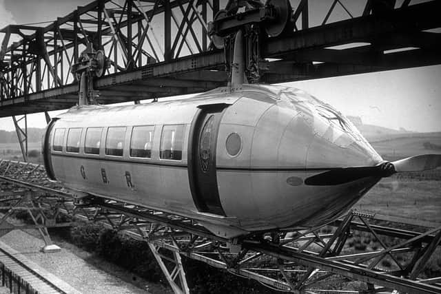 The Railplane as it looked while not in motion - note the stained glass window on the door, Bennie was eager to impress.