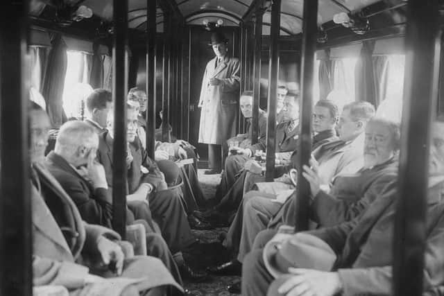 Passengers on the Bennie Railplane in Glasgow during the exhibition; the inventor George Bennie stands at the end of the carriage - this was without a doubt, one of the most important days of his life.