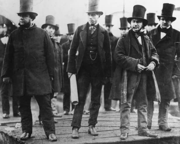 From left to right; Engineers John Scott Russell, Henry Wakefield, designer Isambard K Brunel and Lord Derby at the first launching ceremony of the Great Eastern ship. Scottish naval architect and civil engineer John Scott Russell (1808 - 1882) was born in Parkhead in Glasgow and graduated from the University there aged 13. He had considered a religious career but his fascination with steam and design inspired him to set up a coach company instead. Unfortunately in 1834 he became responsible for the first fatal automobile accident in Scotland in which four passengers died. This ended his business and he turned to ship design instead, pioneering experimental wave-line vessels for the Union Canal Company and, with Brunel, making the steamer ‘Great Eastern’ possible despite its size. He also worked as a journalist specialising in railway articles and owned his own shipyard.