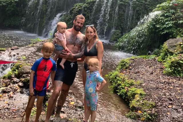 Matt and Carlie with their children Lincoln, seven, Delilah, four and Adelaide in Bali.