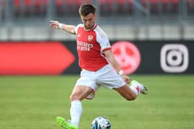 Arsenal left-back Kieran Tierney has been linked with a return to Celtic all summer (Photo by Stuart MacFarlane/Arsenal FC via Getty Images)