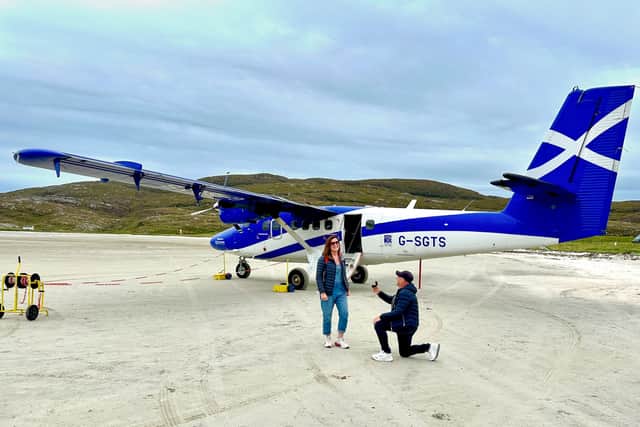 Stephen got down on one knee to propose as soon as they landed on the beach landing strip on the Isle of Barra