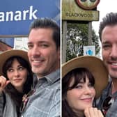 A picture the couple, Zooey Deschanel and Jonathan Scott, posted of themselves to Instagram as they celebrate their engagement in Lanark and Carluke