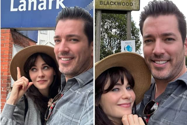 A picture the couple, Zooey Deschanel and Jonathan Scott, posted of themselves to Instagram as they celebrate their engagement in Lanark and Carluke