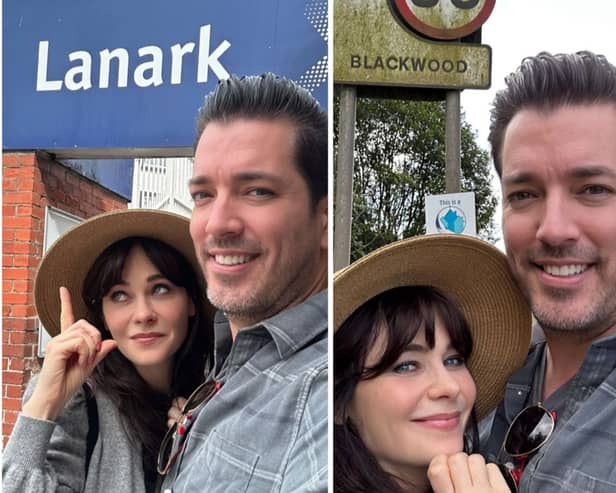 A picture the couple, Zooey Deschanel and Jonathan Scott, posted of themselves to Instagram as they celebrate their engagement in Lanark and Carluke