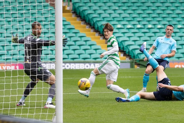 Kyogo Furuhashi scores against Dundee at Celtic Park in August 2021
