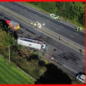 Emergency services at the scene of a coach crash on the M53 motorway, between junction 5 at Ellesmere Port and junction 4 at Bebbington. 