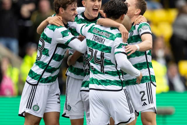 Celtic celebrate Daizen Maeda’s goal against Livingston