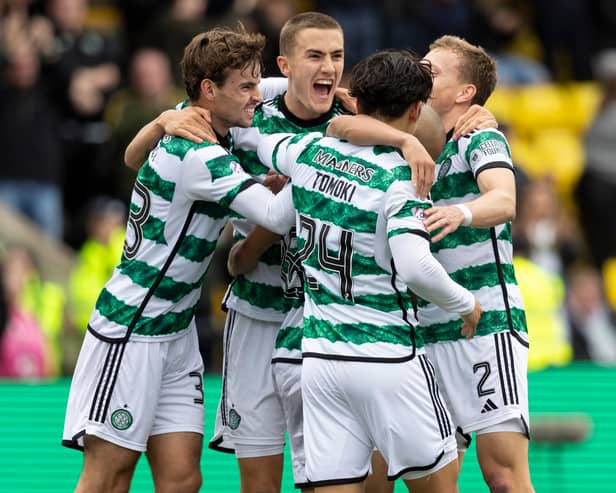 Celtic celebrate Daizen Maeda’s goal against Livingston