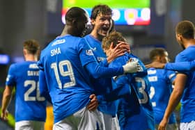 Rangers celebrate their second goal at Ibrox as they beat Livingston 4-0
