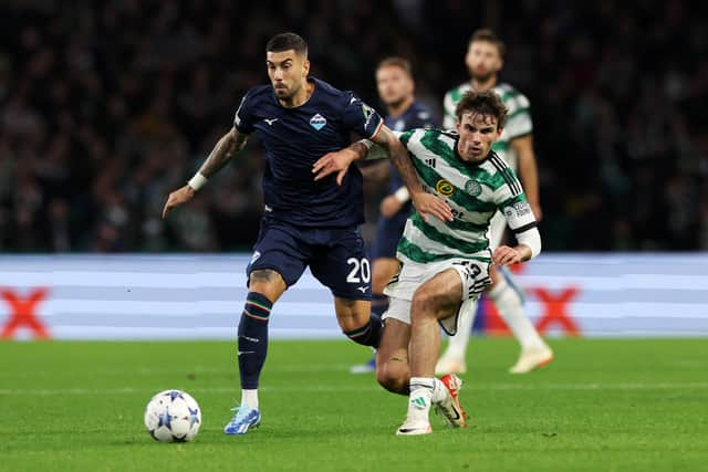 Matt O’Riley of Celtic challenges Mattia Zaccagni of SS Lazio