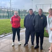 Pictured from left to right: Niomi McConnell, Daniel Cameron, Dennis Docherty and Councillor Maureen Burke. The team at Easterhouse Football Academy on Edinburgh Road is run by the charity FARE with the support of volunteer coaches - the project was set up in 2020 by Daniel Cameron.