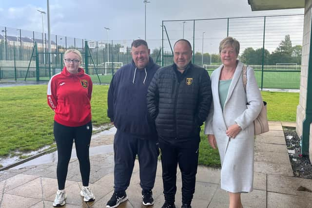 Pictured from left to right: Niomi McConnell, Daniel Cameron, Dennis Docherty and Councillor Maureen Burke. The team at Easterhouse Football Academy on Edinburgh Road is run by the charity FARE with the support of volunteer coaches - the project was set up in 2020 by Daniel Cameron.