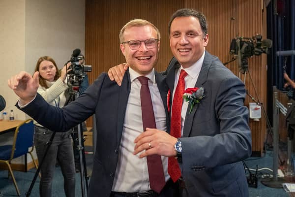 Scottish Labour leader Anas Sarwar celebrated with Michael Shanks at the vote count in Hamilton, where he was announced as the new MP for the  constituency. (Credit: Jane Barlow/PA Wire)