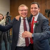 Scottish Labour leader Anas Sarwar celebrated with Michael Shanks at the vote count in Hamilton, where he was announced as the new MP for the  constituency. (Credit: Jane Barlow/PA Wire)