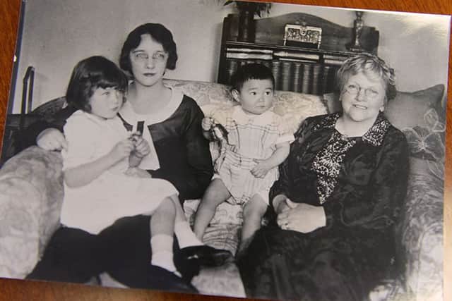 Rita Taketsuru (second left) visits her mother (far right) in Scotland, 1931. Pictured with niece Valerie (far left) and daughter Rima (center).