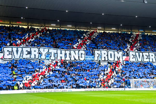 The Ibrox fans create a tifo to welcome their new boss Philippe Clement ahead of play.