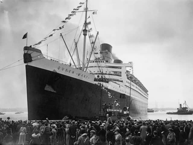 The Cunard White Star liner Queen Mary leaving the dock at Southampton on her maiden voyage, 27th May 1936