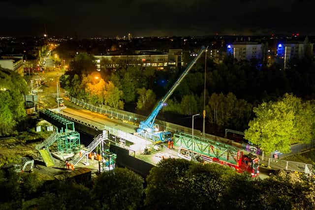 The temporary footbridge has been installed over the railway line on Shields Road in Glasgow