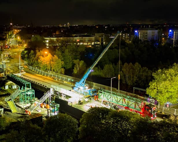 The temporary footbridge has been installed over the railway line on Shields Road in Glasgow