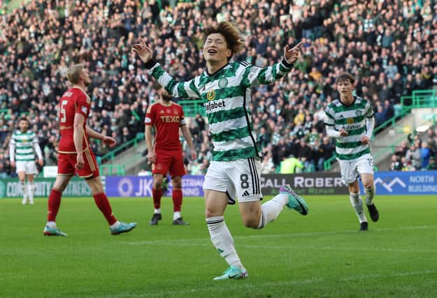 Kyogo Furuhashi scores for Celtic to double their lead against Aberdeen at Parkhead.