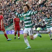 Kyogo Furuhashi scores for Celtic to double their lead against Aberdeen at Parkhead.