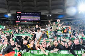 Celtic fans celebrate their team's victory at the end of the UEFA Europa League Group E football match against in November 2019 at the Stadio Olimpico in Rome