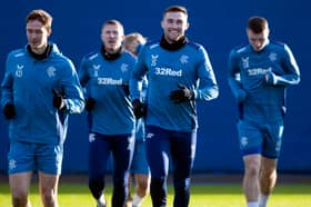 John Souttar and Kieran Dowell take part in a Rangers training session on Wednesday ahead of facing Aris Limassol