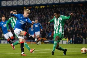 Rangers' Ross McCausland scores to make it 1-1 against Aris Limassol at Ibrox.